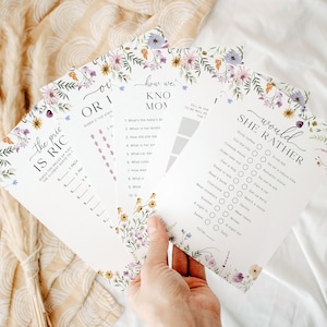 Modelo de pacote de jogos para chá de bebê com flores silvestres, pacote de jogos coloridos para chá de bebê, jogos boho para chá de bebê, jogos boho para chá de bebê com flores, 5B