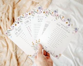 Plantilla de juego para baby shower con flores silvestres, juego colorido para baby shower, juego bohemio para baby shower, juego bohemio floral para baby shower, 5B