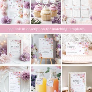 Pu&ograve; includere: Un set di decorazioni per baby shower stampabili con tema floreale e farfalle. Il set include un cartello di benvenuto, etichette per il cibo, un cartello per la lotteria dei pannolini, un menu, topper per cupcake e un cartello che dice "I bambini sono dolci".