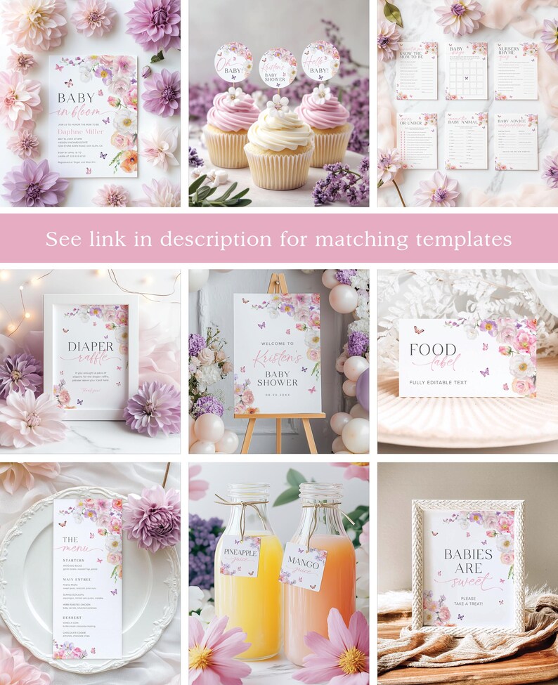 Pu&ograve; includere: Un set di decorazioni per baby shower stampabili con tema floreale e farfalle. Il set include un cartello di benvenuto, etichette per il cibo, un cartello per la lotteria dei pannolini, un menu, topper per cupcake e un cartello che dice "I bambini sono dolci".