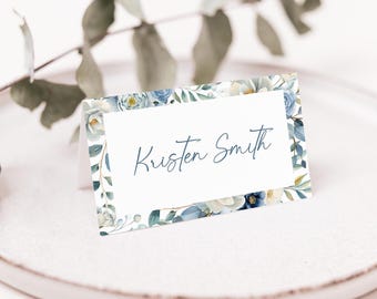Floral Place Cards Template, Dusty Blue Baby Shower Place Cards Floral Baby Shower Name Cards, Baby In Bloom Baby Shower Decor, B5