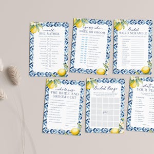 May include: A set of six printable bridal shower game cards featuring a blue and white tile pattern with lemons. The games include "Would She Rather", "Guess Who: Bride or Groom", "Bridal Word Scramble", "Who Knows the Bride and Groom Best", "Bridal Bingo", and "What's in Your Purse".