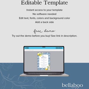 May include: A laptop screen displaying a bar menu template with a lemon and floral design. The template is editable and can be customized with text, fonts, colors, and background color. The text on the screen reads "Bar Menu".