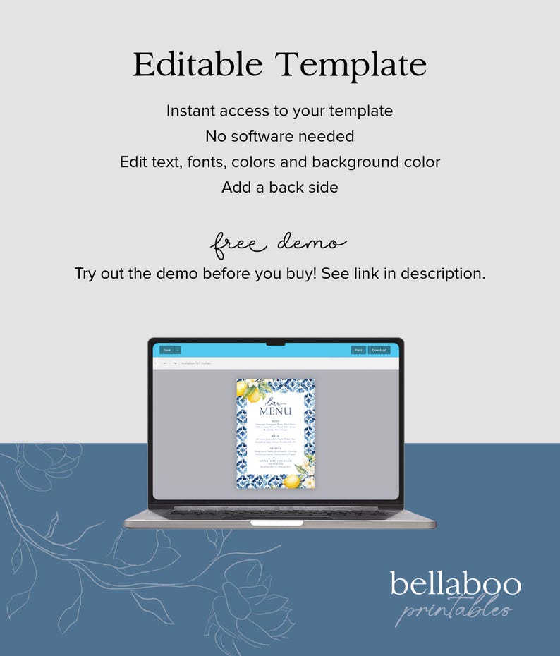 May include: A laptop screen displaying a bar menu template with a lemon and floral design. The template is editable and can be customized with text, fonts, colors, and background color. The text on the screen reads "Bar Menu".