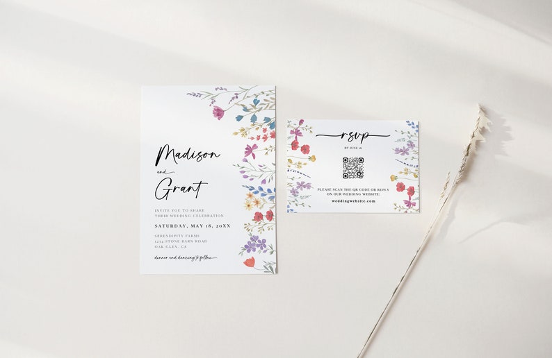 Wildflower Invitation Suite Templates, Floral Wedding Invitation, Boho Wedding, Printable Spring Wedding, Garden Flowers Invite, QR Code, S1 image 5