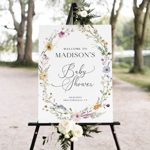 Wildblumen-Babyparty-Willkommensschild-Vorlage, Wildblumen-Willkommensschild Boho-Babyparty-Schild, buntes Blumen-Babyparty-Willkommensschild, 5B