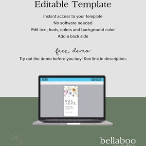 May include: A laptop screen displaying a digital template for a save the date card with a floral design. The text "Save the Date" is visible on the card. The text "bellaboo printables" is visible at the bottom of the image.