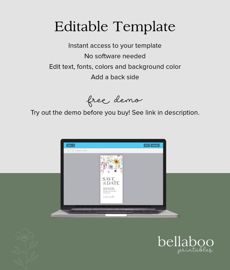 May include: A laptop screen displaying a digital template for a save the date card with a floral design. The text "Save the Date" is visible on the card. The text "bellaboo printables" is visible at the bottom of the image.