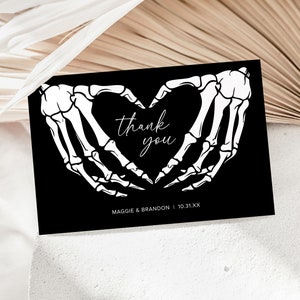 Halloween Gothic Dankeskarte Hochzeitsvorlage, Dark Moody Hochzeit Dankeschön, Skelett Herz Dankeskarte, bearbeitbare Dankeskarte, B1