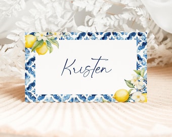 Mediterranean Place Cards Template, Blue Tile Lemon Baby Shower Place Cards Amalfi Baby Shower Name Cards, Italian Baby Shower Decor, 6B