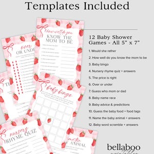 May include: Twelve printable baby shower game templates featuring a pink and white gingham pattern with strawberries. The games include "How Well Do You Know The Mom To Be", "Over Or Under", "Baby Bingo", "Nursery Rhyme Quiz", "Guess The Animal", and more.