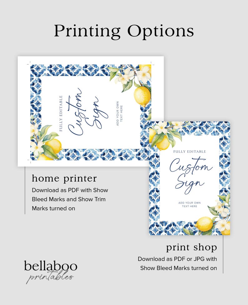 May include: Printable sign template with a blue and white tile pattern and lemons. The text on the sign says "Custom Sign" and "Add your own text here".