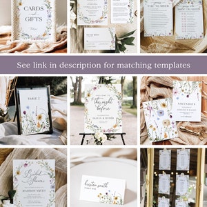 May include: A set of printable wedding stationery featuring a floral wreath design with watercolor flowers in shades of pink, purple, and yellow. The text includes "Cards and Gifts", "Welcome to the night before", "Save the Date", "Bridal Shower", and "Kristen Smith, Table One".