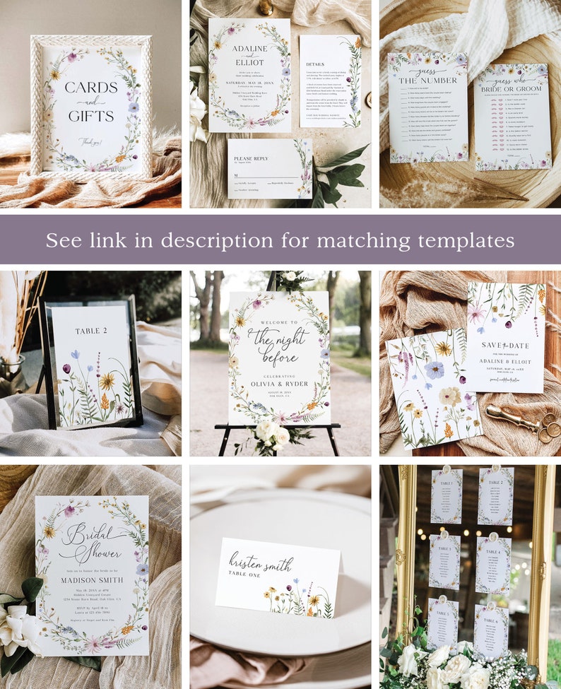 May include: A set of printable wedding stationery featuring a floral wreath design with watercolor flowers in shades of pink, purple, and yellow. The text includes "Cards and Gifts", "Welcome to the night before", "Save the Date", "Bridal Shower", and "Kristen Smith, Table One".