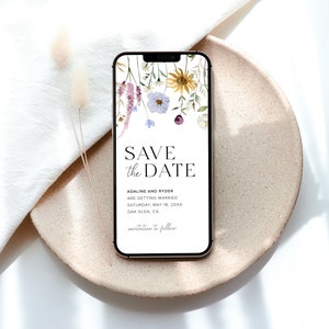May include: A digital save the date card with a floral design. The text reads "Save the Date" with the names "Adaline and Ryder" and the wedding date "Saturday, May 18, 20XX". The location is "Dak Glen, CA".