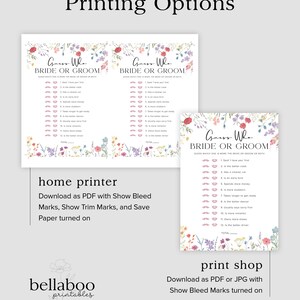 May include: Printable "Guess Who" game cards for a wedding or bridal shower. The cards feature a floral design with pink, purple, and blue flowers. The text on the cards reads "Guess Who Bride or Groom".