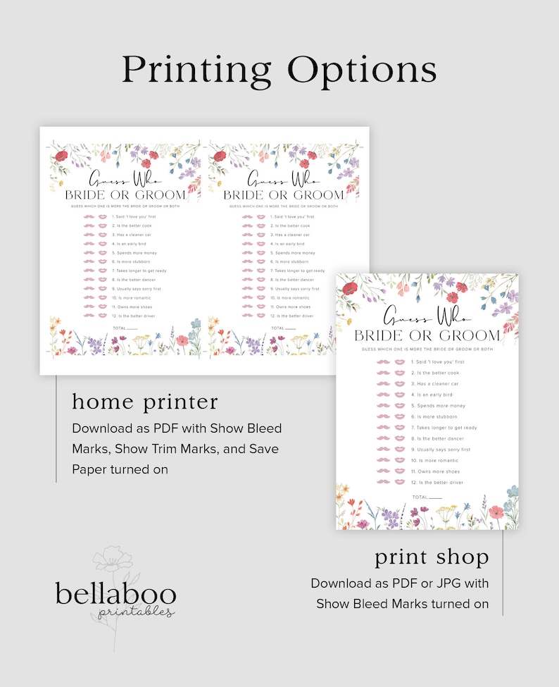 May include: Printable "Guess Who" game cards for a wedding or bridal shower. The cards feature a floral design with pink, purple, and blue flowers. The text on the cards reads "Guess Who Bride or Groom".