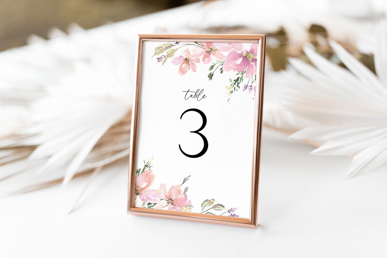 Boho Floral Wedding Table Numbers Template, Dusty Pink Blush Table Numbers, Botanical Wedding, Printable, Editable, Instant Download, F1 image 1