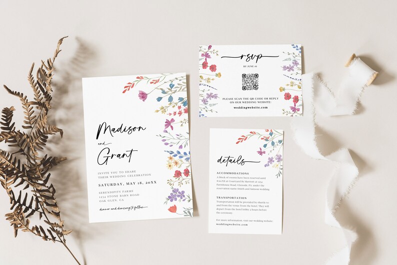Wildflower Invitation Suite Templates, Floral Wedding Invitation, Boho Wedding, Printable Spring Wedding, Garden Flowers Invite, QR Code, S1 image 1