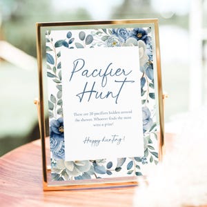 Pacifier Hunt Game Template, Baby In Bloom Baby Shower Sign, Pacifier Hunt Sign, Dusty Blue Baby Shower Game Floral Baby Shower Games, B5