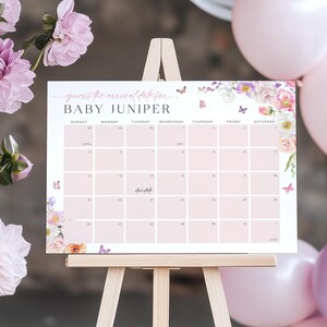 Fälligkeitsdatumskalender Babyparty Vorlage, Wildblumen Babyparty Zeichen, Guess Baby's Geburtsdatum Zeichen, Baby Shower Spiel Fälligkeitsdatum Kalender, 11B