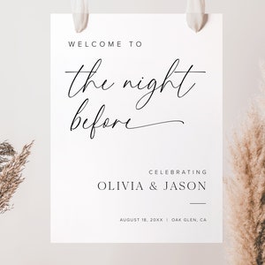 K&ouml;nnte beinhalten: Ein wei&szlig;es Schild mit schwarzem Text, auf dem steht: "Willkommen zur Nacht vor der Feier von Olivia & Jason am 18. August 20XX | Oak Glen, CA".