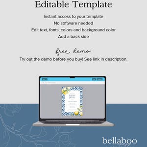May include: A laptop screen displaying a digital template for a baby shower invitation. The invitation features a blue and white tiled pattern with lemons and flowers. The text on the invitation reads "Baby Shower".
