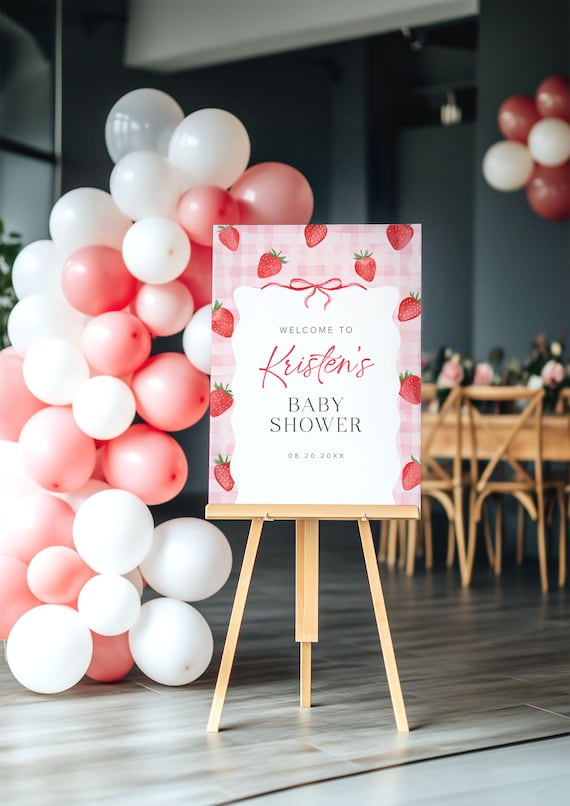 Berry Sweet Baby Shower Welcome Sign Template, Fruit Baby Shower Sign Strawberry Baby Shower Welcome Sign, Wavy Pink Baby Shower Sign, 12B