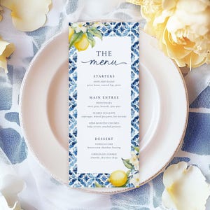 Mediterran Baby Shower Menu Template, Italien Hochzeitsmenü Blue Tile Lemon Hochzeitsmenükarte, Amalfiküste Baby Shower Menu Citrus, B6