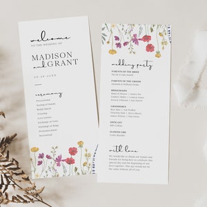 Plantilla del programa de bodas de flores silvestres, tarjeta del programa de ceremonia boho, orden de servicio del jardín floral, tarjeta del programa de bricolaje, ceremonia imprimible, S2