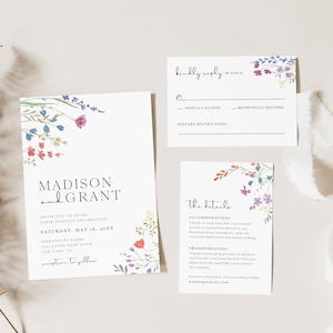 May include: Wedding invitation suite with floral designs. The invitation card features the names "Madison and Grant" and the wedding date "Saturday, May 18, 20XX". The RSVP card has a floral design and the text "Kindly reply by June 1st". The details card has a floral design and the text "The Details".