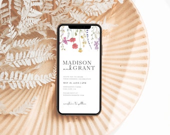 Boho Wedding Electronic Invitation Template, Wildflower Text Invitation, Modern iPhone Mobile Invite, Garden Floral Digital Invitation, S2