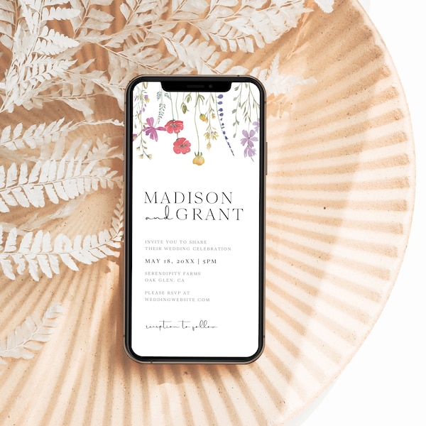 Boho Wedding Electronic Invitation Template, Wildflower Text Invitation, Modern iPhone Mobile Invite, Garden Floral Digital Invitation, S2