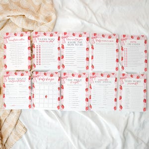 May include: A set of ten printable baby shower game cards with a pink and white gingham pattern and strawberry illustrations. The games include "Guess Who Knows the Mom to Be", "Baby Name Bingo", "Baby Advice and Predictions", "The Price is Right", "Name the Baby Animal", "Baby Word Scramble", "Twenty-One Questions", "Baby Name Race", "Over or Under", and "Guess Who Knows the Mom to Be".