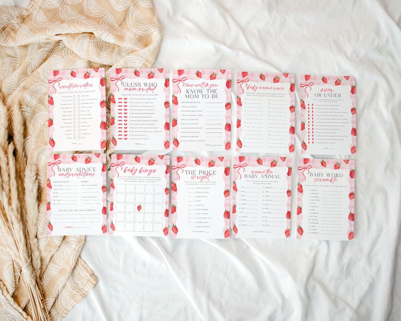 May include: A set of ten printable baby shower game cards with a pink and white gingham pattern and strawberry illustrations. The games include "Guess Who Knows the Mom to Be", "Baby Name Bingo", "Baby Advice and Predictions", "The Price is Right", "Name the Baby Animal", "Baby Word Scramble", "Twenty-One Questions", "Baby Name Race", "Over or Under", and "Guess Who Knows the Mom to Be".