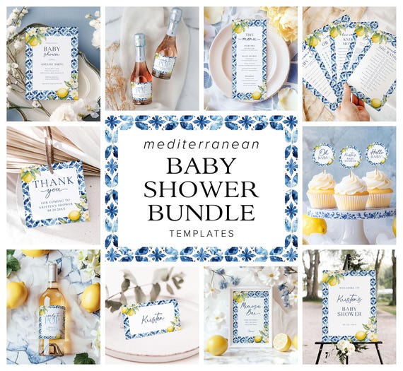Mediterranean Lemon Baby Shower Invitation Template, Amalfi Baby Shower Italian Baby Shower Bundle Citrus Baby Shower Games Printable, B6