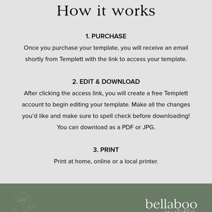 May include: A white background with black text explaining how to purchase, edit, and print a digital template. The text reads "How it works", "1. Purchase", "2. Edit & Download", and "3. Print". The text also includes instructions on how to use the Templett website to edit and download the template. The bottom of the image has a green background with the text "bellaboo printables" in white.