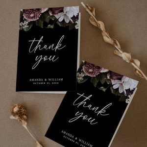 Moody gracias tarjeta plantilla de boda, boda oscura gracias, tarjeta de agradecimiento floral, tarjeta de agradecimiento de boda editable, gracias imprimible, D1