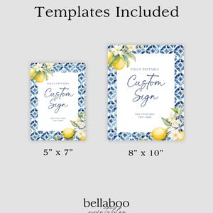 May include: Two printable templates for a custom sign with a blue and white tile pattern and lemons. The smaller template is 5 inches by 7 inches and the larger template is 8 inches by 10 inches.