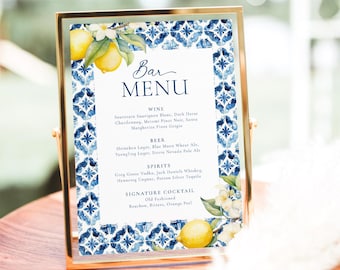 Mediterranean Bar Menu Template, Printable Bar Menu Sign Italian Blue Tiles Bar Menu Lemon Wedding Bar Menu Amalfi Coast Drinks Bar Sign, B6