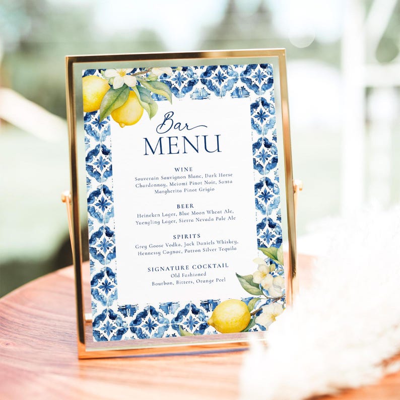 Mediterranean Bar Menu Template, Printable Bar Menu Sign Italian Blue Tiles Bar Menu Lemon Wedding Bar Menu Amalfi Coast Drinks Bar Sign