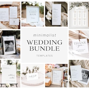 May include: A set of minimalist wedding templates in white with black text. The templates include a welcome sign, seating chart, menu, save the date card, guest book sign, table number sign, and thank you card. The templates are designed to be printed and displayed at a wedding.