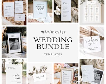 May include: A set of minimalist wedding templates in white with black text. The templates include a welcome sign, seating chart, menu, save the date card, guest book sign, table number sign, and thank you card. The templates are designed to be printed and displayed at a wedding.
