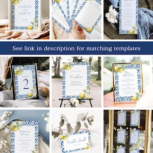 May include: A set of printable bridal shower party signs with a blue and white tile pattern and lemons. The signs include a welcome sign, a table number sign, a bar menu sign, a cards and gifts sign, a bridal shower invitation, and a seating chart.