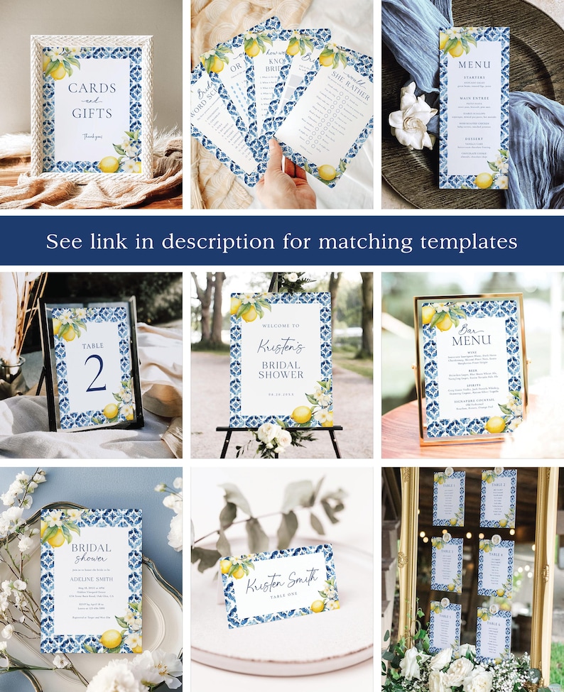 May include: A set of printable bridal shower party signs with a blue and white tile pattern and lemons. The signs include a welcome sign, a table number sign, a bar menu sign, a cards and gifts sign, a bridal shower invitation, and a seating chart.