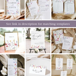 May include: A set of printable wedding and bridal shower templates featuring a floral design with pink, purple, and yellow flowers. The templates include a welcome sign, table numbers, a seating chart, a bridal shower game, and a menu.