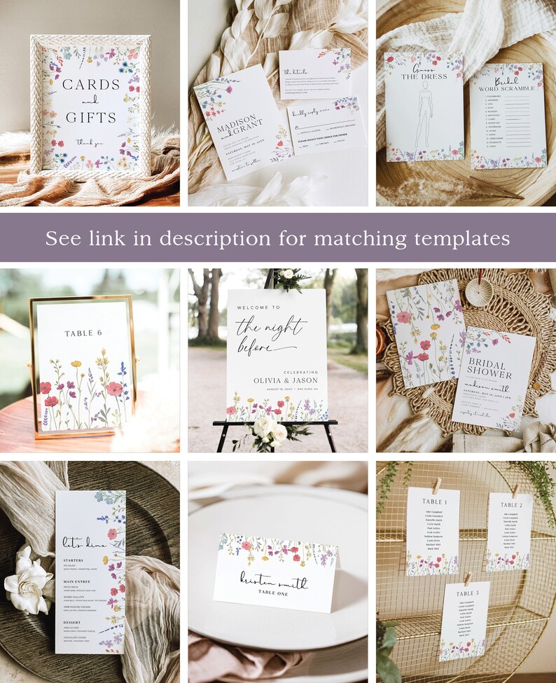 May include: A set of printable wedding and bridal shower templates featuring a floral design with pink, purple, and yellow flowers. The templates include a welcome sign, table numbers, a seating chart, a bridal shower game, and a menu.