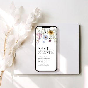 May include: A smartphone mockup displaying a save the date card with a floral design. The text reads "Save the Date", "Adaline and Ryder are getting married", "Saturday, May 18, 20XX", "Oak Glen, CA", and "Invitation to follow".