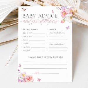 Babyadvies en voorspellingen Babyshowerspelsjabloon, kaart met babyvoorspelling, Bloom Babyshower Wildflower Babyshowerspelletjes advieskaart 11B
