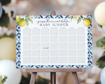 Modello di calendario per baby shower con data di scadenza, cartello per baby shower al limone, cartello per indovinare la data di nascita del bambino, gioco per baby shower Amalfi Calendario per data di scadenza, B6